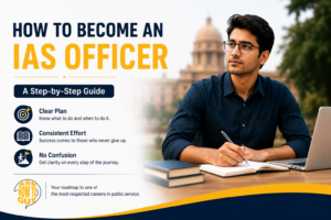 Step-by-step guide on how to become an IAS officer, featuring a student studying with books and a laptop against a government building backdrop