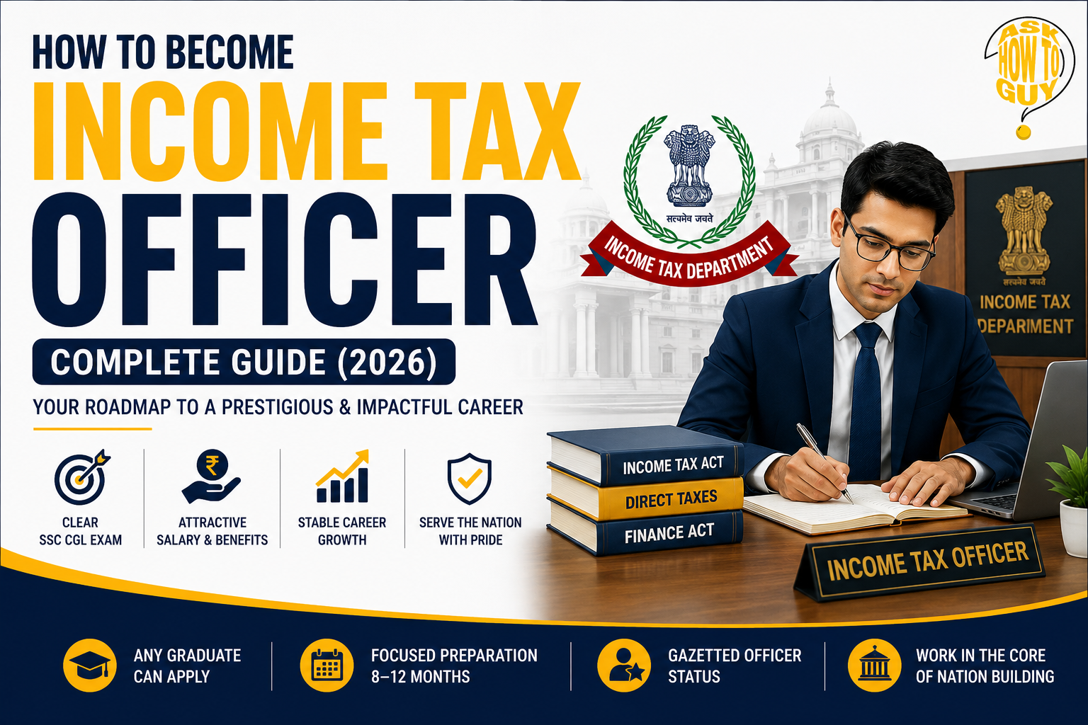 Complete guide on how to become an Income Tax Officer, featuring SSC CGL exam details, career benefits, and a professional officer at work.