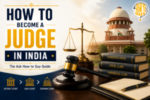 How to become a judge in India, featuring a gavel, law books, scales of justice, and the Supreme Court building in the background.