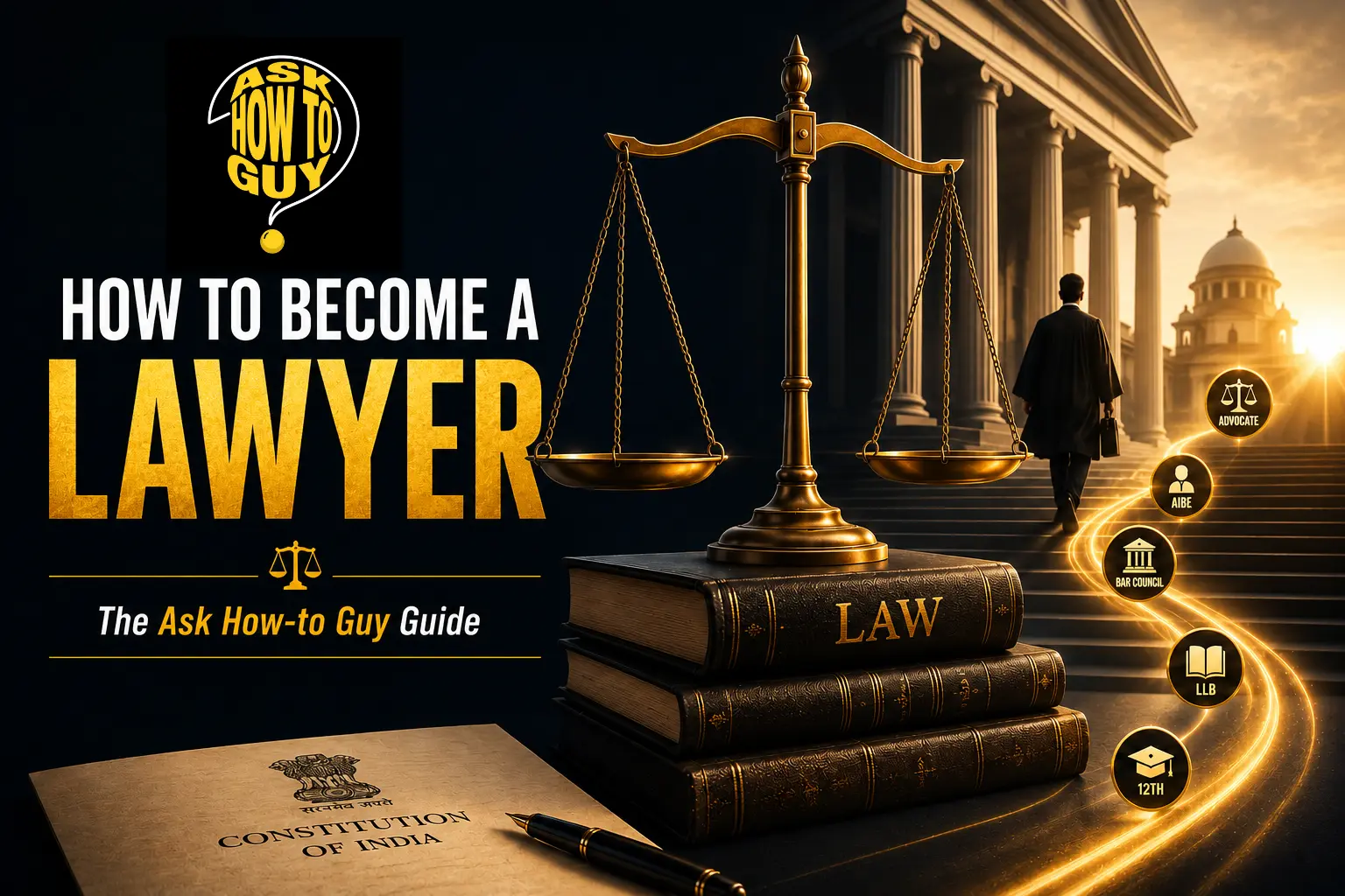 How to become a lawyer guide featuring law books, scales of justice, Constitution of India, and a lawyer walking toward a courthouse, illustrating the journey from Class 12 to becoming an advocate.