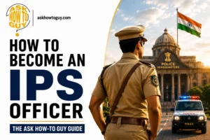 How to become an IPS officer in India guide featuring an IPS officer, police headquarters, and the complete UPSC-to-IPS career pathway.