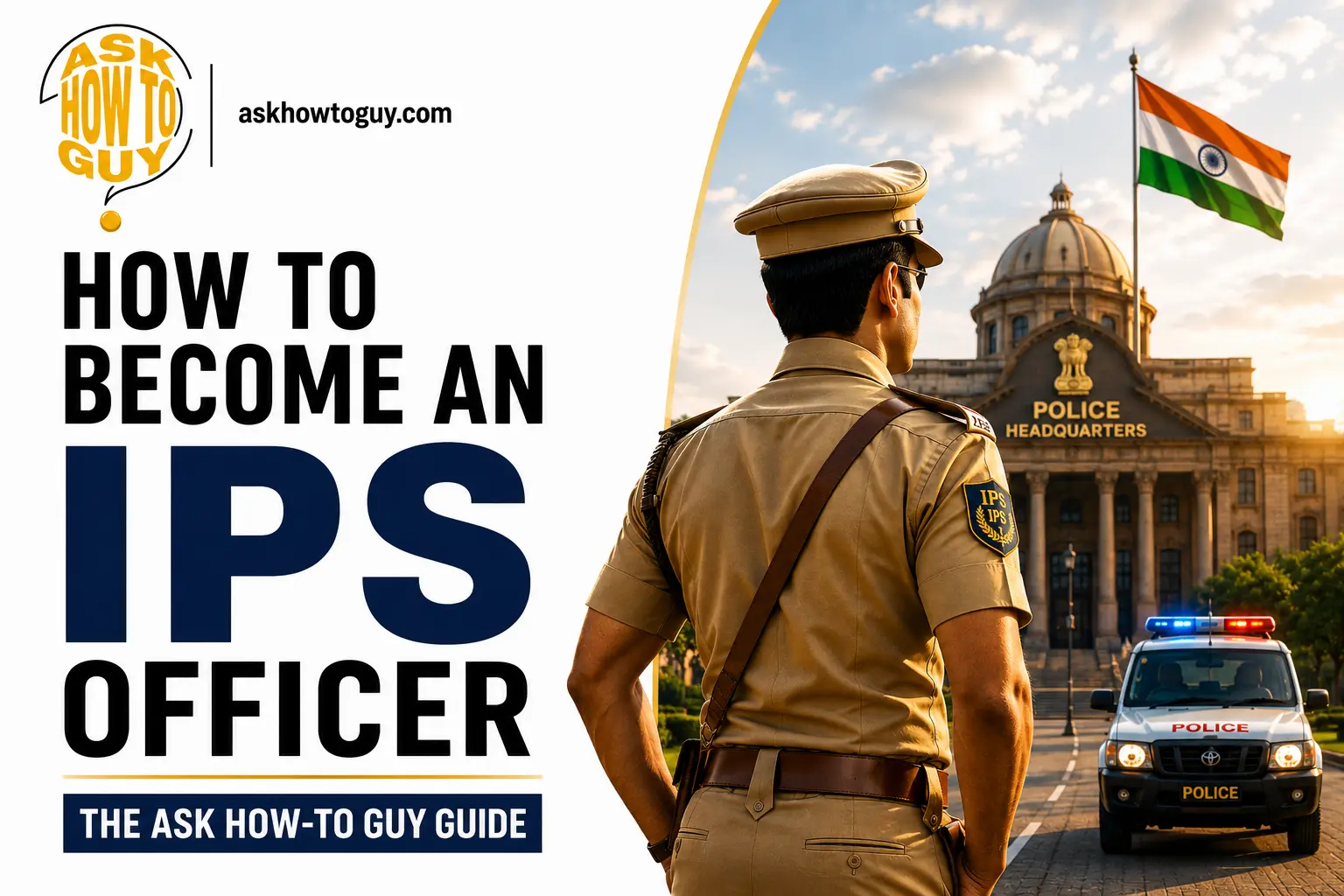 How to become an IPS officer in India guide featuring an IPS officer, police headquarters, and the complete UPSC-to-IPS career pathway.