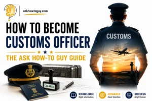 How to become a Customs Officer in India guide featuring a customs officer, airport runway, aircraft, passport, customs cap, luggage, and clearance stamp representing customs and border enforcement careers.