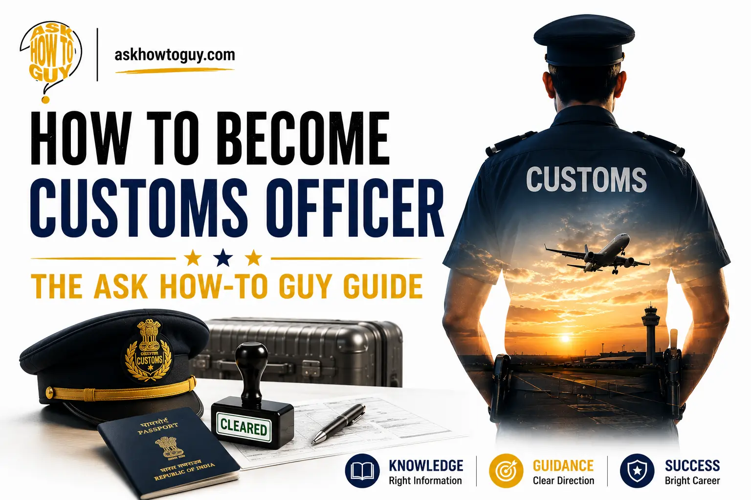 How to become a Customs Officer in India guide featuring a customs officer, airport runway, aircraft, passport, customs cap, luggage, and clearance stamp representing customs and border enforcement careers.