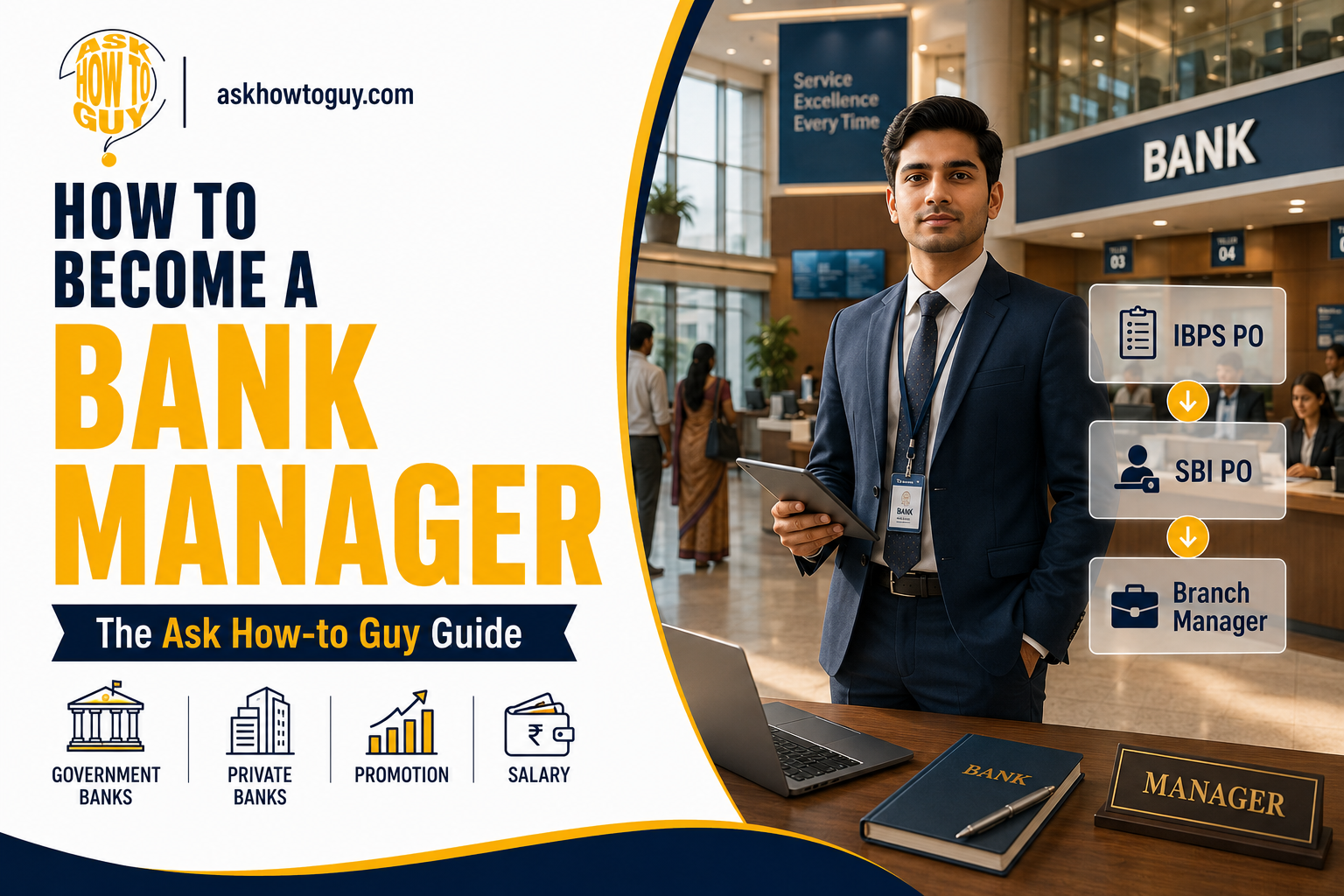Promotional graphic from AskHowToGuy.com titled 'How to Become a Bank Manager.' The image features a professional standing inside a modern bank branch, with a career path from IBPS PO and SBI PO to Branch Manager. It highlights opportunities in government and private banks, promotions, salary, and career growth for aspiring bank managers