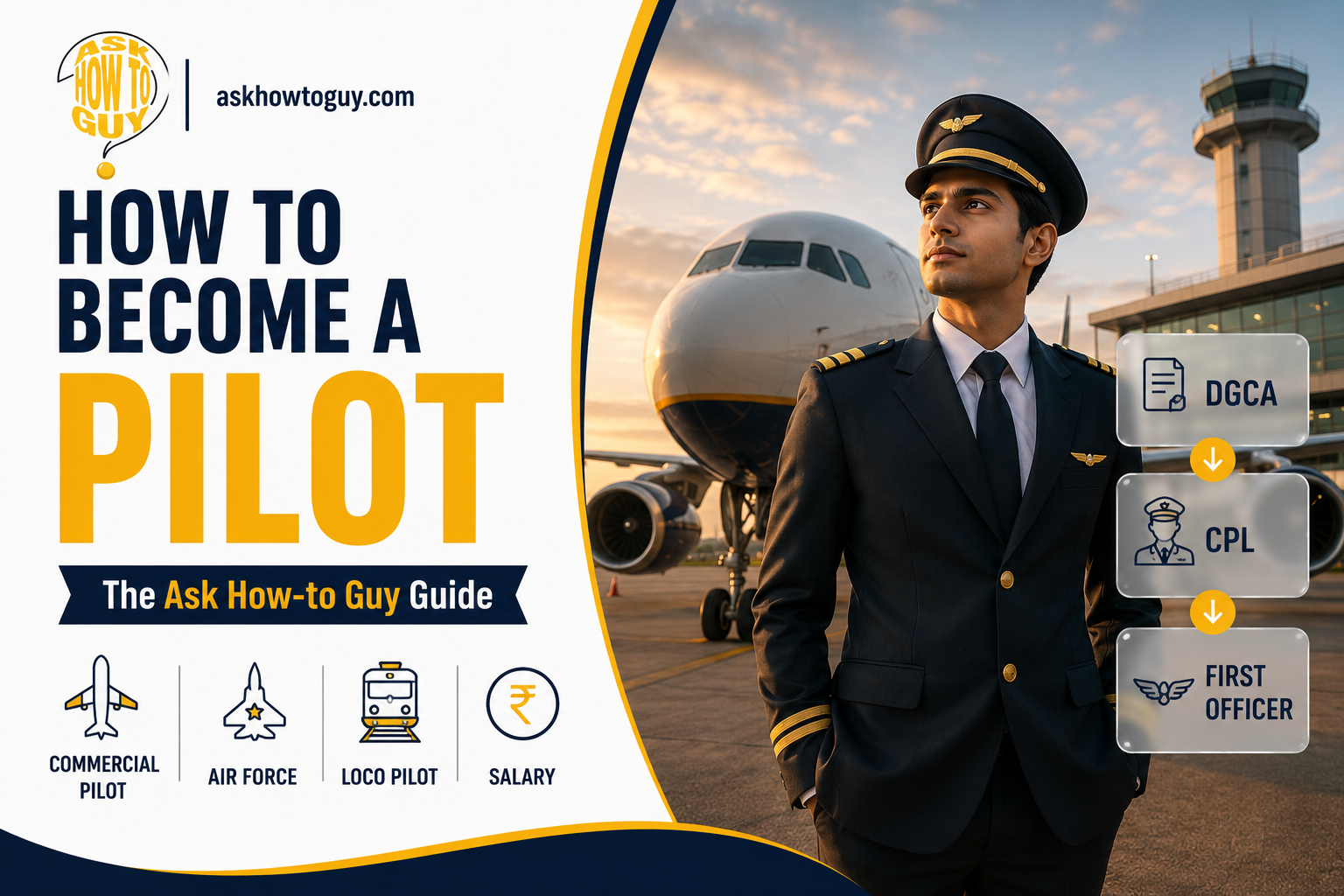 Featured image of a commercial airline pilot standing beside a passenger aircraft at an airport, illustrating the career path from DGCA certification to CPL and First Officer.