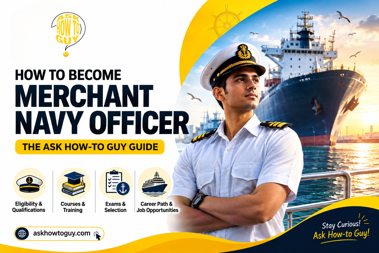 Feature image showing How to Become a Merchant Navy Officer – Qualifications, Courses, Exams, Sea Time and Job Opportunities
