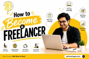 A young professional working on a laptop at a desk, surrounded by visual steps for starting a freelancing career, including planning your journey, choosing your skill, finding clients, and building your personal brand. The graphic highlights benefits such as working on your own terms, accessing opportunities worldwide, earning what you deserve, and growing every day. Yellow, black, and white branding with the headline “How to Become a Freelancer."