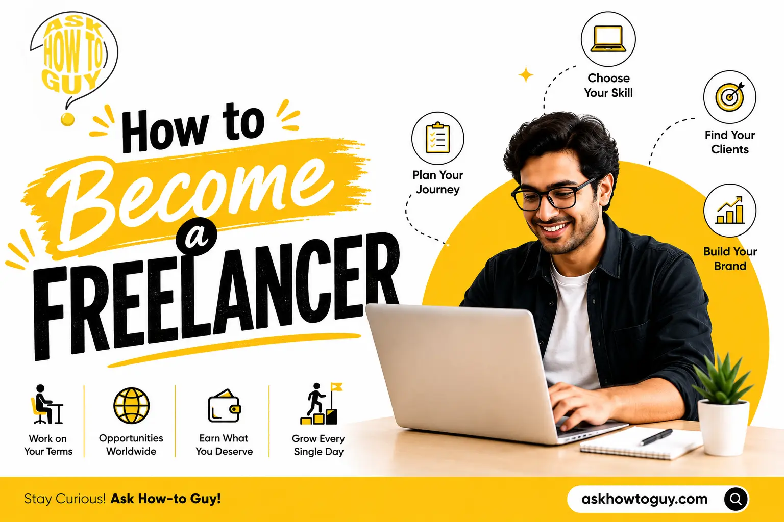 A young professional working on a laptop at a desk, surrounded by visual steps for starting a freelancing career, including planning your journey, choosing your skill, finding clients, and building your personal brand. The graphic highlights benefits such as working on your own terms, accessing opportunities worldwide, earning what you deserve, and growing every day. Yellow, black, and white branding with the headline “How to Become a Freelancer."