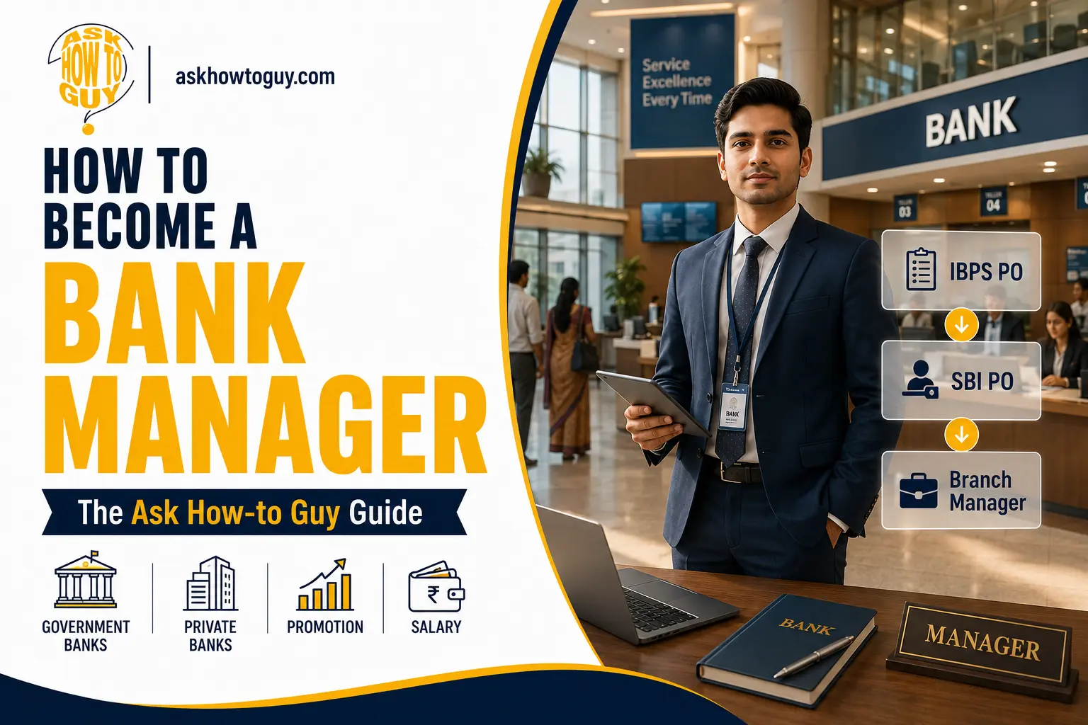 Promotional graphic from AskHowToGuy.com titled 'How to Become a Bank Manager.' The image features a professional standing inside a modern bank branch, with a career path from IBPS PO and SBI PO to Branch Manager. It highlights opportunities in government and private banks, promotions, salary, and career growth for aspiring bank managers