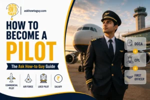 How to become a pilot - Featured image of a commercial airline pilot standing beside a passenger aircraft at an airport, illustrating the career path from DGCA certification to CPL and First Officer.
