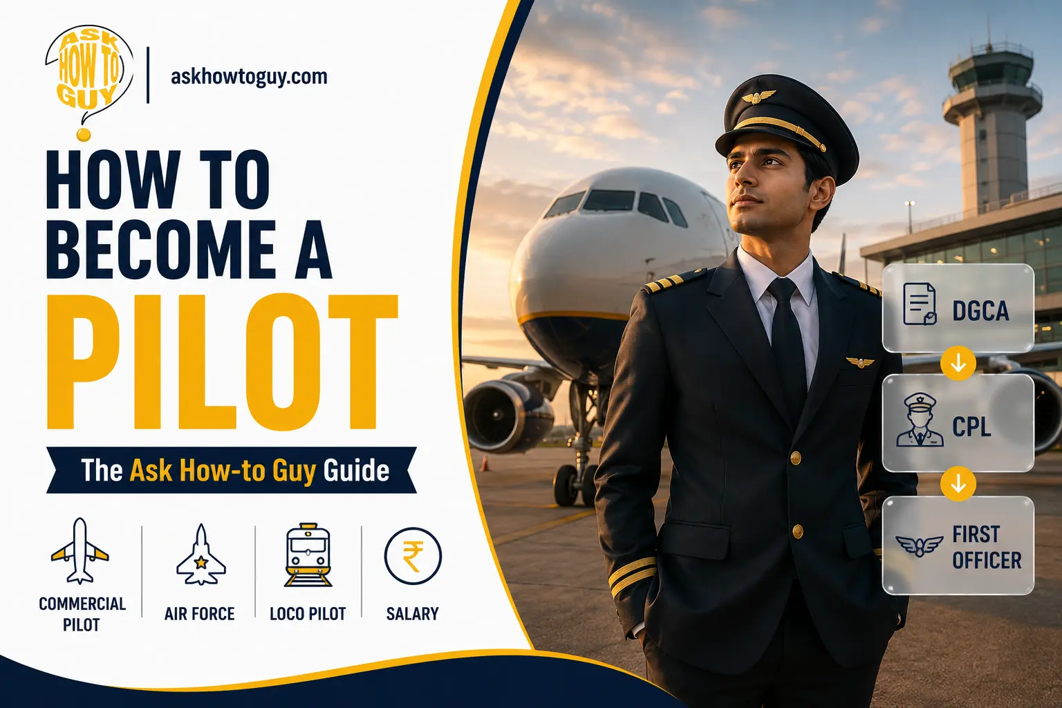 How to become a pilot - Featured image of a commercial airline pilot standing beside a passenger aircraft at an airport, illustrating the career path from DGCA certification to CPL and First Officer.